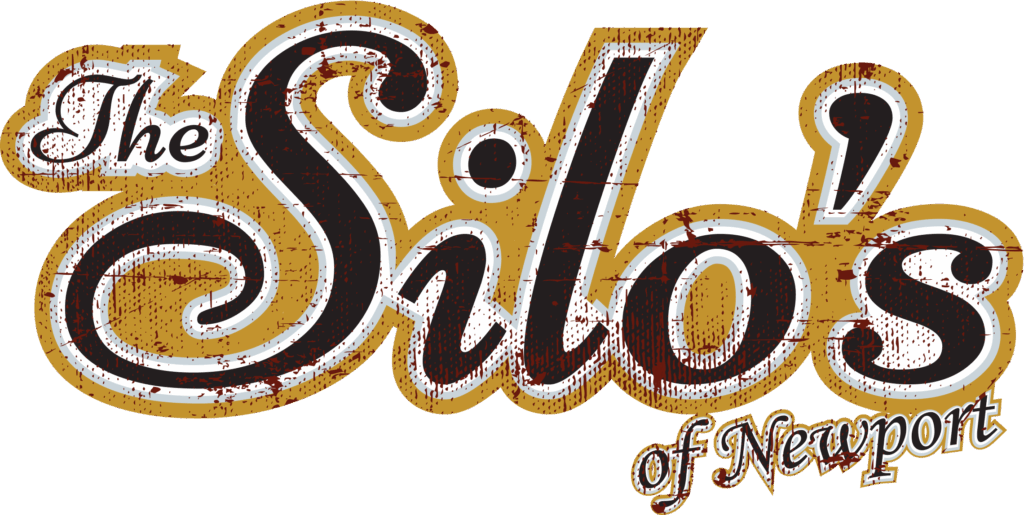 Logo reading "The Silo's of Newport" in distressed, vintage-style script with gold, white, and black colors and a weathered texture.